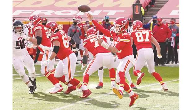 Kansas City Chiefs quarterback Patrick Mahomes (second from right) drops back to pass against the Atlanta Falcons in the first half of a NFL game at Arrowhead Stadium in Kansas City, Missouri, United States, on Sunday. (USA TODAY Sports)