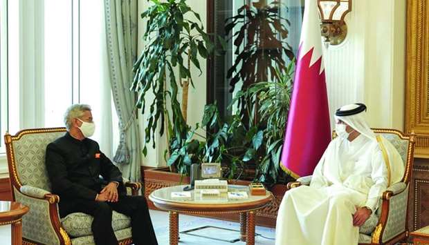 HE the Prime Minister and Minister of Interior Sheikh Khalid bin Khalifa bin Abdulaziz al-Thani meets with Minister of External Affairs of India Dr Subrahmanyam Jaishankar on the occasion of his visit to the country. During the meeting, they reviewed bilateral cooperation relations between the two friendly countries and ways of developing and strengthening them, in addition to discussing a number of issues of common concern.