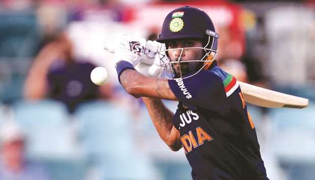 Indiau2019s Hardik Pandya plays a shot during the third ODI against Australia at Manuka Oval in Canberra, Australia, yesterday. (AFP)