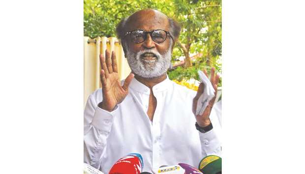 Rajinikanth addresses the media representatives in front of his residence in Chennai yesterday.