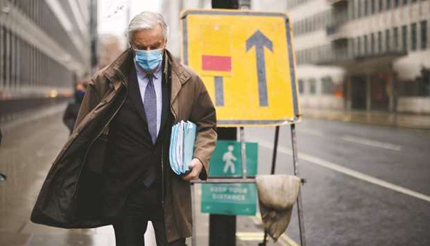 EU chief negotiator Michel Barnier walks to a conference centre in central London yesterday as talks continued on a trade deal between the EU and the UK. Britain leaves the EUu2019s orbit on December 31 and the two sides are trying to secure a deal to govern nearly $1tn in annual trade.
