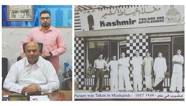Owner Abdul Majeed with his son Faisal (right photo) and an old photo of Kashmir Fashion Tailors.