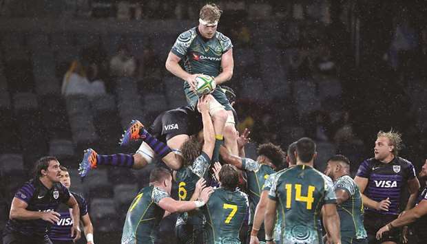 Australiau2019s Matt Philip takes a line out during the 2020 Tri-Nations rugby match against Argentina in Sydney yesterday.