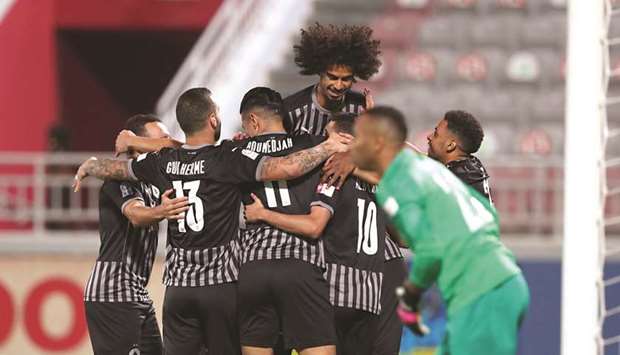 Al Sadd players celebrate a goal during their QNB Stars League match against Al Wakrah at Abdullah Bin Khalifa Stadium yesterday. (Twitter/QSL)