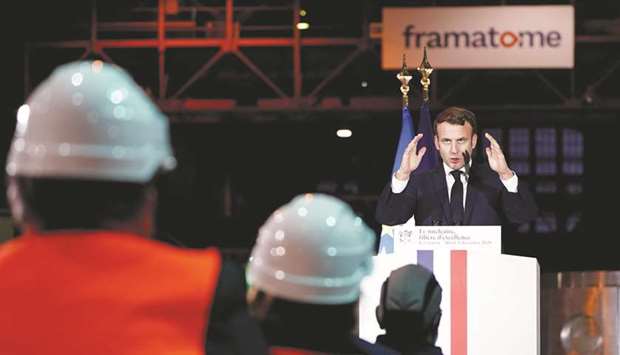 President Macron delivering his speech during a visit to the Framatome nuclear reactor production site in Le Creusot, France.