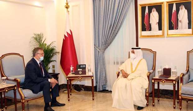HE the Speaker of Shura Council Ahmed bin Abdullah bin Zaid al-Mahmoud with Ambassador of the Republic of Moldova Victor Tvircun.
