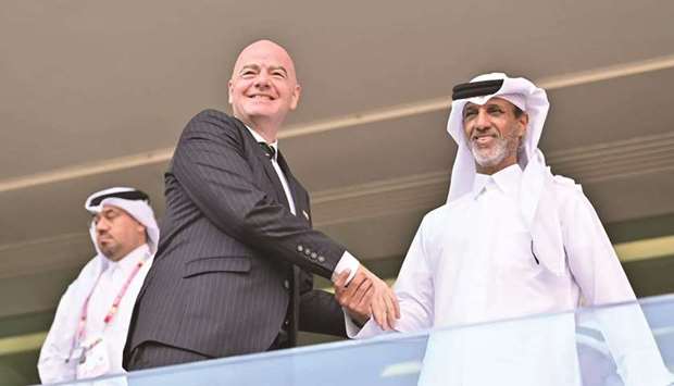 FIFA President Gianni Infantino (left) with Qatar Football Association president Sheikh Hamad bin Khalifa bin Ahmed al-Thani during the opening ceremony of FIFA Arab Cup at the Al Bayt Stadium.