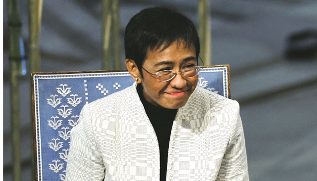Nobel Peace Prize laureate Maria Ressa of the Philippines reacts after delivering her speech during the gala award ceremony for the Nobel Peace Prize in Oslo yesterday.