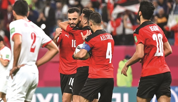 Egyptu2019s Marwan Hamdy (fourth from right) celebrates with teammates after scoring against Jordan in the FIFA Arab Cup quarter-finals at the Al Janoub Stadium in Al Wakra yesterday. PICTURE: Noushad Thekkayil