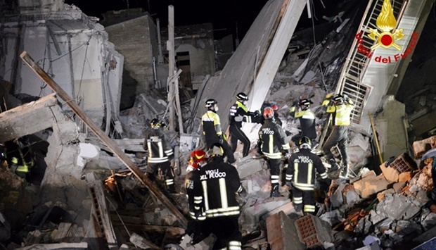 The four-storey apartment building that was collapsed following a gas explosion, in Ravanusa. Photo by Handout/Vigili del Fuoco/AFP