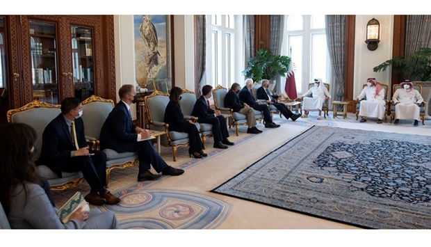 His Highness the Amir Sheikh Tamim bin Hamad Al-Thani meets with  members of the United States Congress and the accompanying delegation on the occasion of their visit to the country.