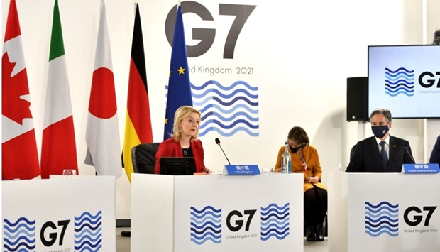 British Foreign Secretary Liz Truss speaks next to US Secretary of State Antony Blinken during a G7 foreign and development ministers session with guest countries and ASEAN nations in Liverpool, Britain. Anthony Devlin/Pool via REUTERS