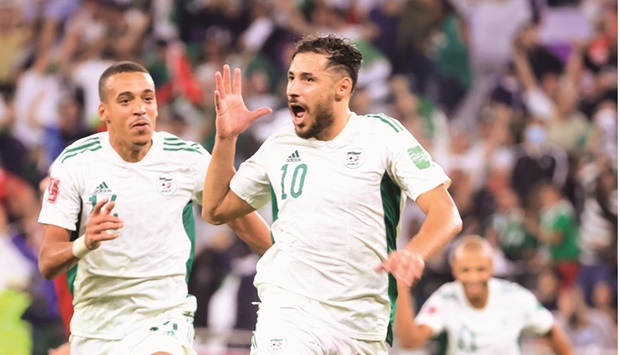 Algeriau2019s Youcef Belaili celebrates after scoring against Morocco in the FIFA Arab Cup quarter-final at the Al Thumama Stadium in Doha on Saturday.
