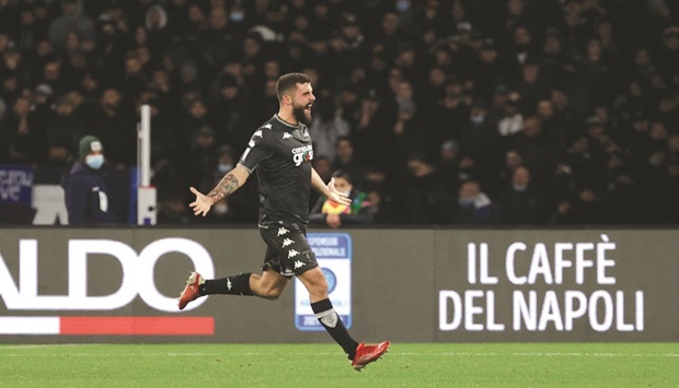 Empoliu2019s Patrick Cutrone celebrates scoring a goal during the Serie A clash against Napoli at Stadio Diego Maradona in  Naples, Italy. (Reuters)