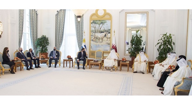 His Highness the Amir Sheikh Tamim bin Hamad Al-Thani and the President of the Oriental Republic of Uruguay, Dr. Luis Lacalle Pou hold talks