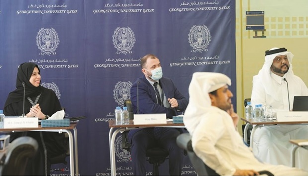 HE Lolwah Rashid AlKhater, Rory Miller and Dr Fahad al-Marri during the event at GU-Q.