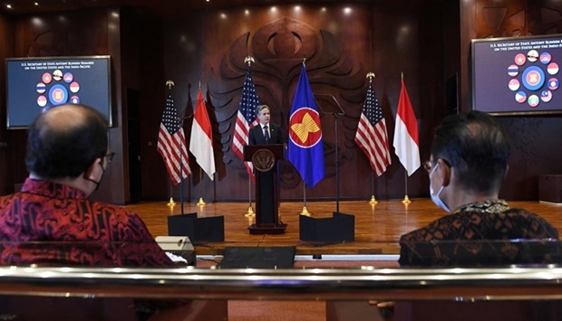 US Secretary of State Antony Blinken delivers remarks on the Biden administration's Indo-Pacific strategy at the Universitas Indonesia, in Jakarta, Indonesia.