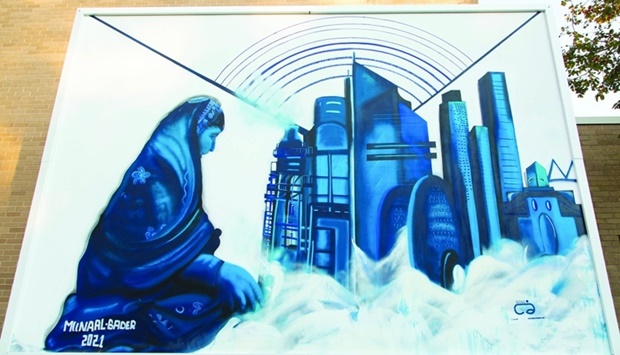 Muna al-Bader's mural for Jedariart Houston at the University of Houston, Cultural Bonds, 2021. Credit: Gustavo Campos