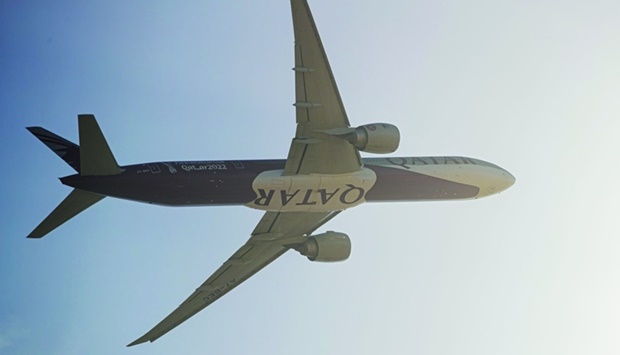 The national carrier of the State of Qatar operated a Boeing 777 aircraft with 2022 FIFA World Cup livery flying above the Doha Corniche as a special service Saturday.