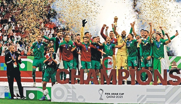 Algeriau2019s players celebrate winning the FIFA Arab Cup 2021 final at Al Bayt Stadium in Al Khor Saturday. PICTURES: Noushad Thekkayil