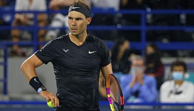 Rafael Nadal reacts during his semi-final match against Andy Murray in the Mubadala World Tennis Championship in Abu Dhabi on December 17, 2021.