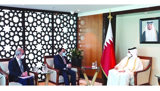 HE the Minister of Commerce and Industry Sheikh Mohamed bin Hamad bin Qassim al-Abdullah al-Thani meets with Evarist Bartolo, Minister of Foreign and European Affairs, and Clyde Caruana, Minister of Finance and Employment of the Republic of Malta