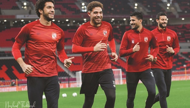 Egyptu2019s Al Ahly and Moroccou2019s Raja (right) players train on the eve of their CAF Super Cup at Ahmad Bin Ali Stadium in Al Rayyan. PICTURES: Noushad Thekkayil
