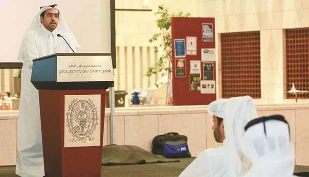 GU-Q graduate Abdulrahman al-Thani addresses the gathering.