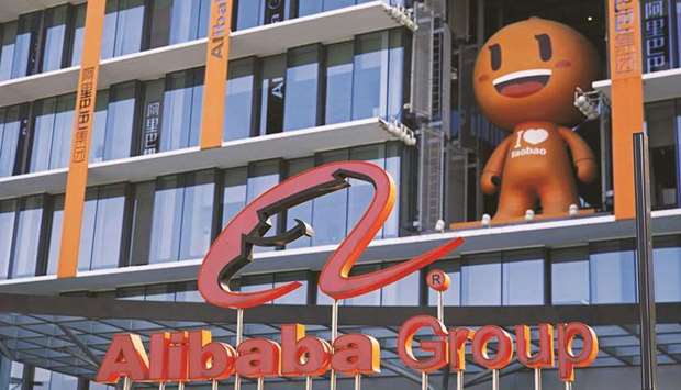 The Alibaba Group logo is seen during the companyu2019s 11.11 Singlesu2019 Day global shopping festival at its headquarters in Hangzhou, Zhejiang province, China (file). A rout thatu2019s wiped $526bn in value in 13 months is deepening amid concern over the companyu2019s outlook.
