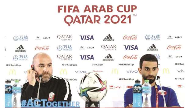 Qatar coach Felix Sanchez (left) and goalkeeper Saad al-Sheeb during the press conference on Thursday.