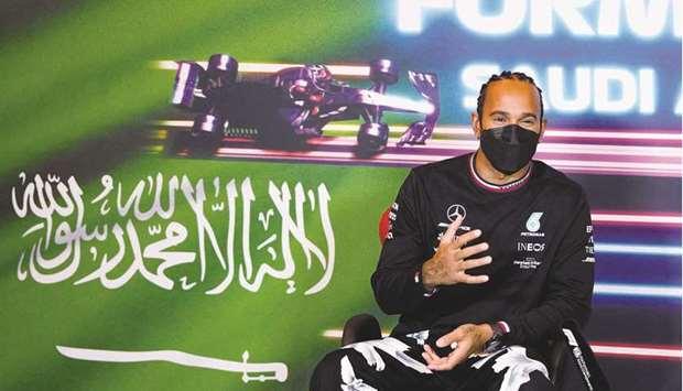 Mercedesu2019 British Formula One driver Lewis Hamilton is seen during the press conference ahead of the Saudi Arabian Grand Prix at the Jeddah Corniche Circuit yesterday. (AFP)