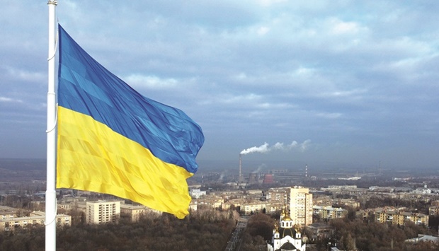 The national flag of Ukraine flies over the town of Kramatorsk, Ukraine, on November 25, 2021.