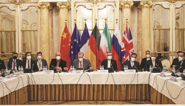 Representatives attending a meeting of the joint commission on negotiations aimed at reviving the Iran nuclear deal in Vienna, Austria, yesterday.