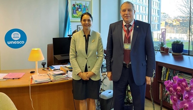 Yury Sentyurin with Shamila Nair-Bedouelle at the headquarters of Unesco in Paris