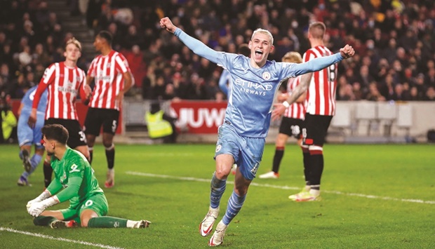 Manchester Cityu2019s Phil Foden celebrates after scoring against Brentford during the Premier League match on Wednesday. (Reuters)
