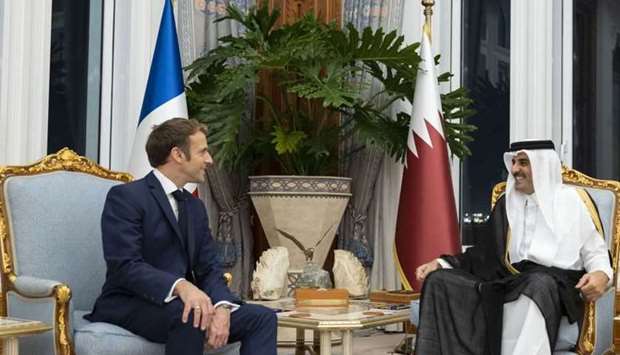 His Highness the Amir Sheikh Tamim bin Hamad al-Thani holds discussion with French President Emmanuel Macron