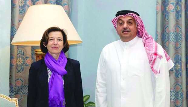 HE the Deputy Prime Minister and Minister of State for Defence Affairs Dr Khalid bin Mohamed al-Attiyah meets with French Minister of the Armed Forces Florence Parly