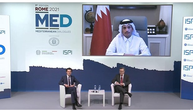 HE the Deputy Prime Minister and Minister of Foreign Affairs Sheikh Mohammed bin Abdulrahman Al-Thani participates in the 7th edition of the Rome MED Conference via videoconferencing