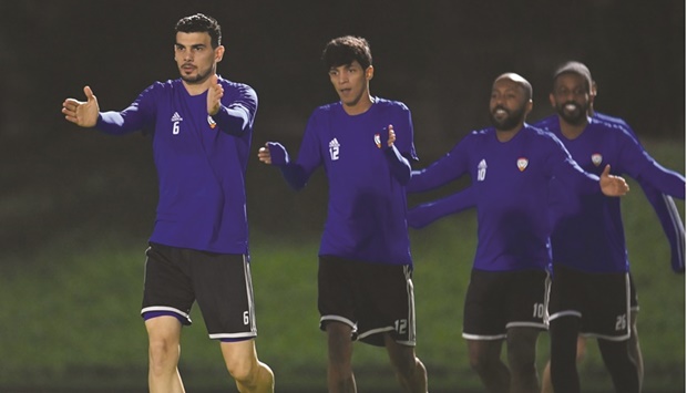    The UAE players train on Sunday, on the eve of their FIFA Arab Cup match against Tunisia.