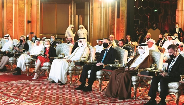 HE the Minister of Commerce & Industry Sheikh Mohamed bin Hamad bin Qassim al-Abdullah al-Thani and Polish President Andrzej Duda join other dignitaries during yesterday's forum held in Doha.