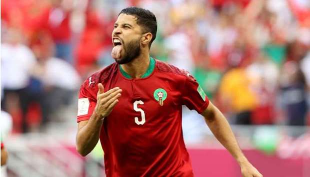 Moroccou2019s Yahya Jabran celebrates after scoring against Jordan. REUTERS