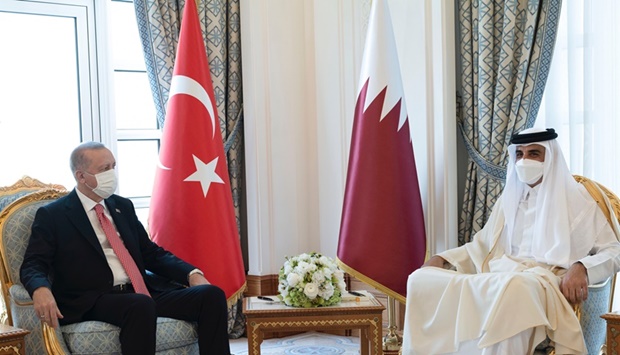 His Highness the Amir Sheikh Tamim bin Hamad Al-Thani meets with the President of the Republic of Turkey Recep Tayyip Erdogan