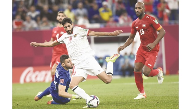 Jordan's Yazan Alnaimat scores against Palestine during the Group C match of the FIFA World Cup at the Stadium 974 in Ras Abu Aboud on Tuesday. PICTURE: Shemeer Rasheed
