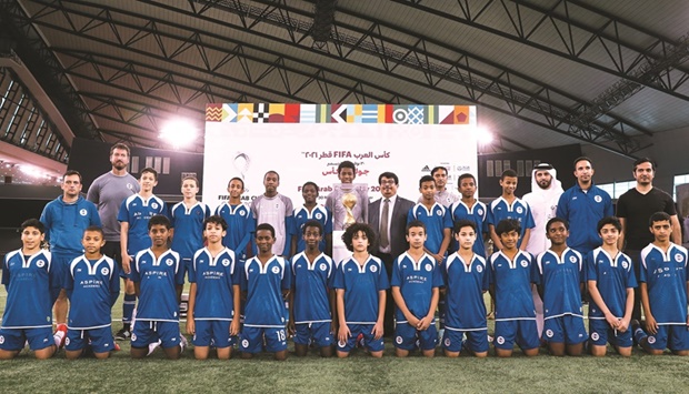 The trophy of around five kg of weight, which has a solid gold base and features Arabic calligraphy and a map of the Arab world, was displayed on the Aspire Academy Indoor Football Pitch for the academy staff and student athletes.
