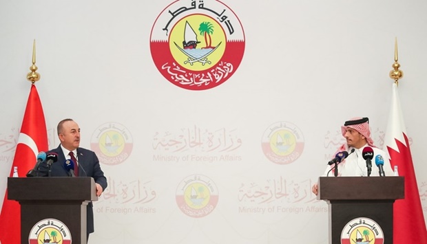 HE the Deputy Prime Minister and Minister of Foreign Affairs Sheikh Mohammed bin Abdulrahman Al-Thani and Turkish Minister of Foreign Affairs Mevlut Cavusoglu in joint press meet Monday