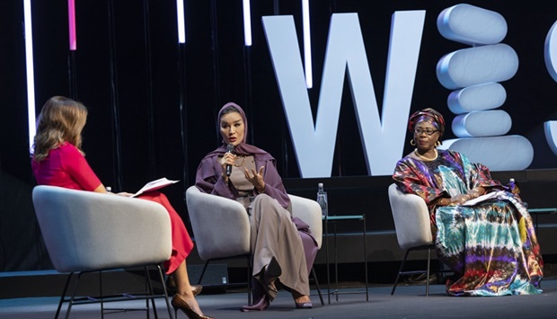 Her Highness Sheikha Moza bint Nasser participates in EAA plenary session at WISE 2021 on Thursday. PICTURE: AR Al-Baker.