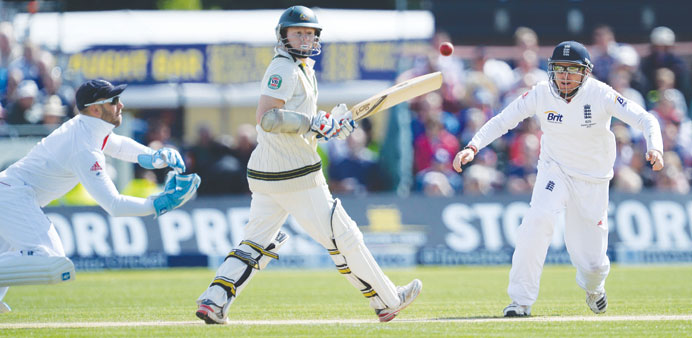 Englandu2019s Matt Prior (left) catches Australiau2019s Chris Rogers (centre) during their fourth Ashes Test at the Riverside cricket ground, Chester-Le-Stree