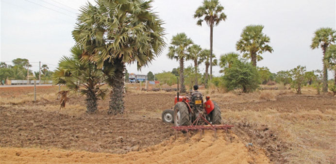 A tractor plows a rice field outside Kilinochchi