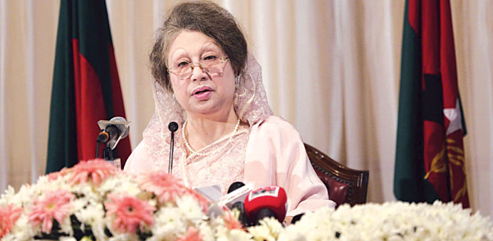BNP chairperson Khaleda Zia speaking during a hunger strike programme in Dhaka yesterday.