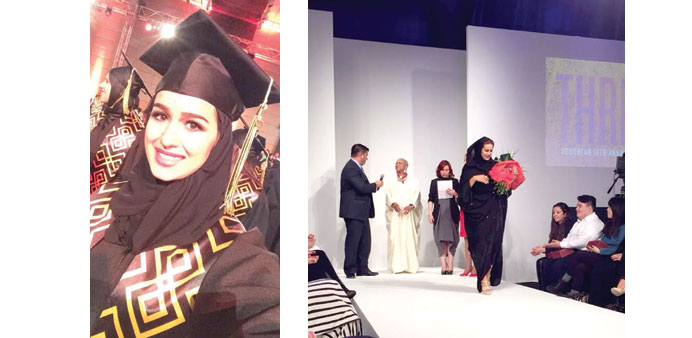 SETTING THE STAGE ALIGHT: Marwa at her graduation ceremony; and right, walking on stage after winning the competition to design the Lady in Red.  